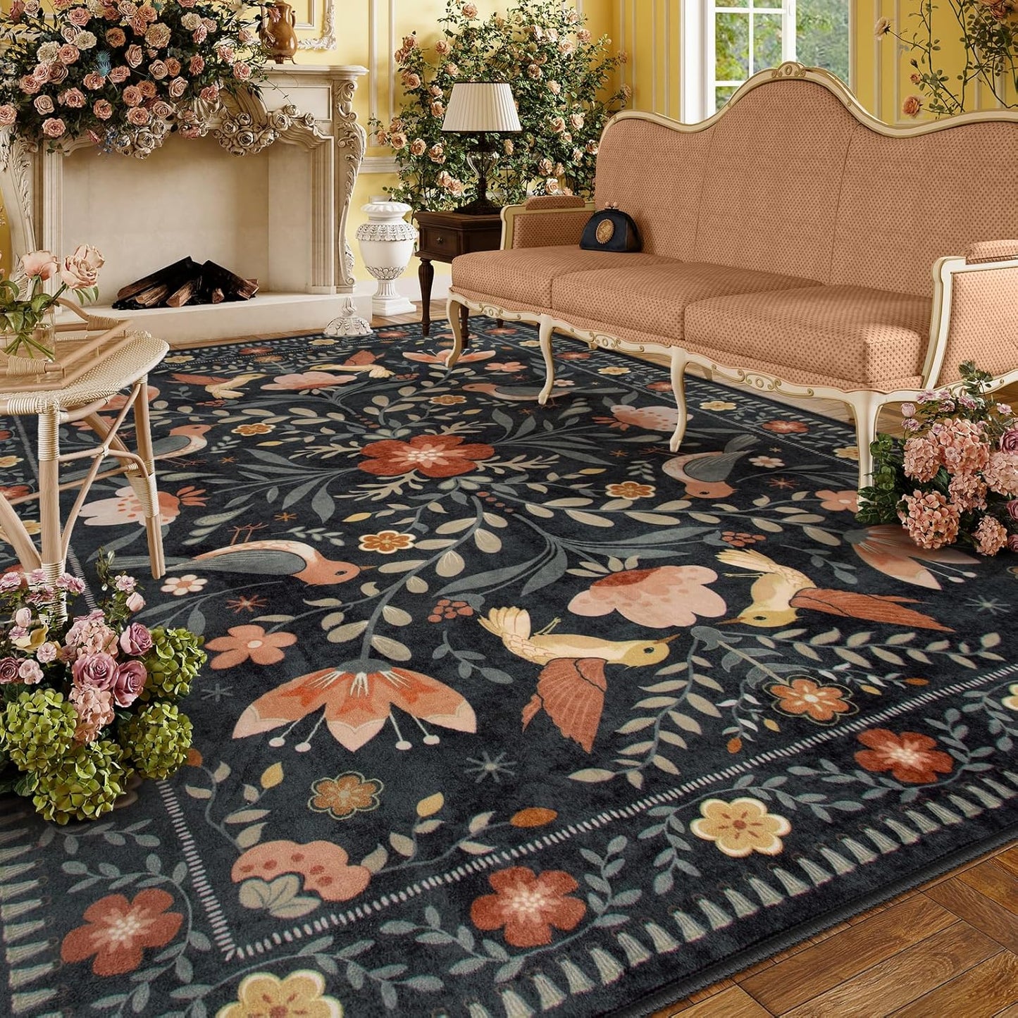 Moynesa Boho Bird Area Rug 9x12 for Living Room, Washable Rugs 9x12 Black Floral Bedroom Rug Low-Pile Soft Playroom Carpet, Jungle Pattern Vintage Rug Indoor Floor Carpet for Nursery