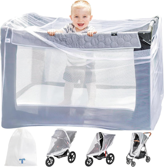 Pack n Play Cover with Zippers – Adaptable Premium Quality Mosquito Net for Stroller, Jogging Stroller, Playpen, Bassinet, Travel Crib – Portable Mosquito Net for Baby, Drawstring Base for Snug Fit