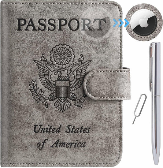 Airtag Passport Holder Cover Wallet RFID Blocking Leather Case Travel Essentials Luggage Accessories Travel Must Have(118#Grey)