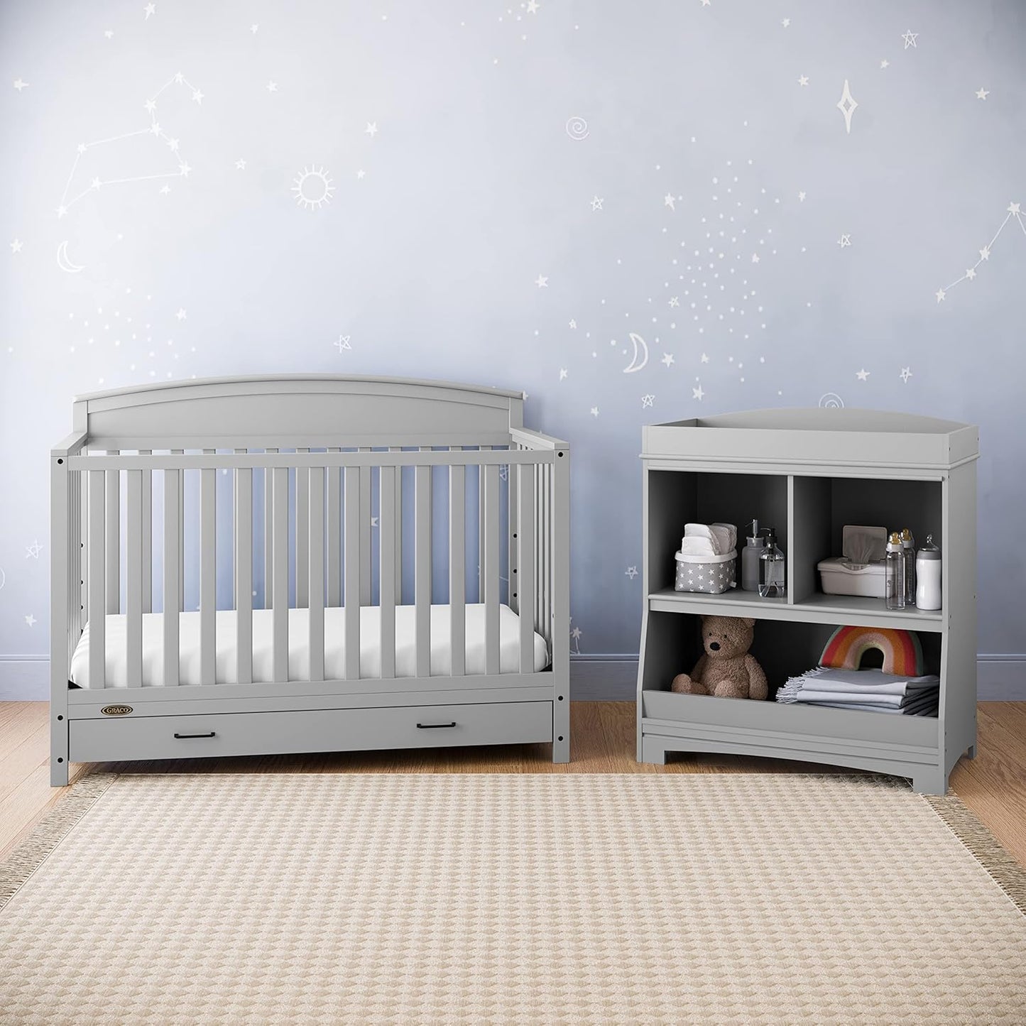 Graco Benton 5-in-1 Convertible Crib with Drawer (Pebble Gray) -Converts from Baby Crib to Toddler Bed, Daybed and Full-Size Bed,Fits Standard Full-Size Crib Mattress, Adjustable Mattress Support Base