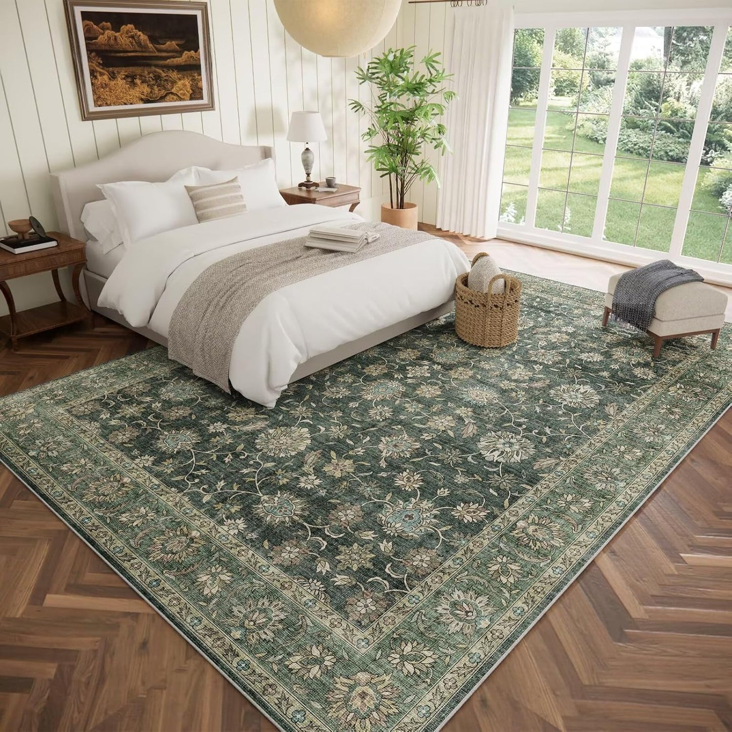 Washable 9x12 Area Rugs for Living Room, Boho Non-Slip Silicone Backing Rugs for Bedroom Dining Room Nursery Office, 0.3" Neutral Oriental Throw Carpet with 0.16" Cushioning Pad, Sage Green/Multi