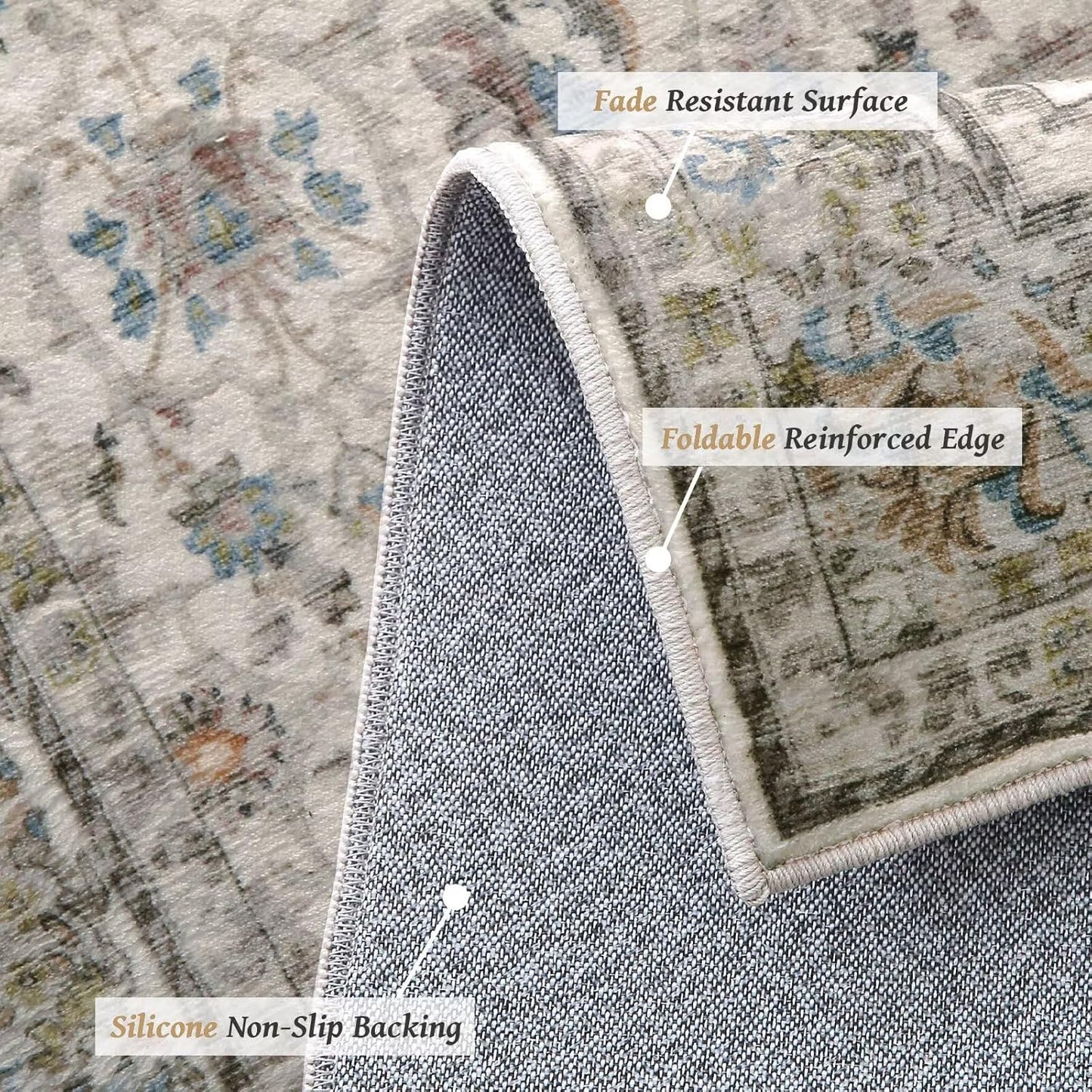 Washable 8x10 Area Rugs for Living Room, Boho Non-Slip Silicone Backing Rugs for Bedroom Dining Room Nursery Office, 0.3" Neutral Oriental Throw Carpet with 0.16" Cushioning Pad, Cream/Multi