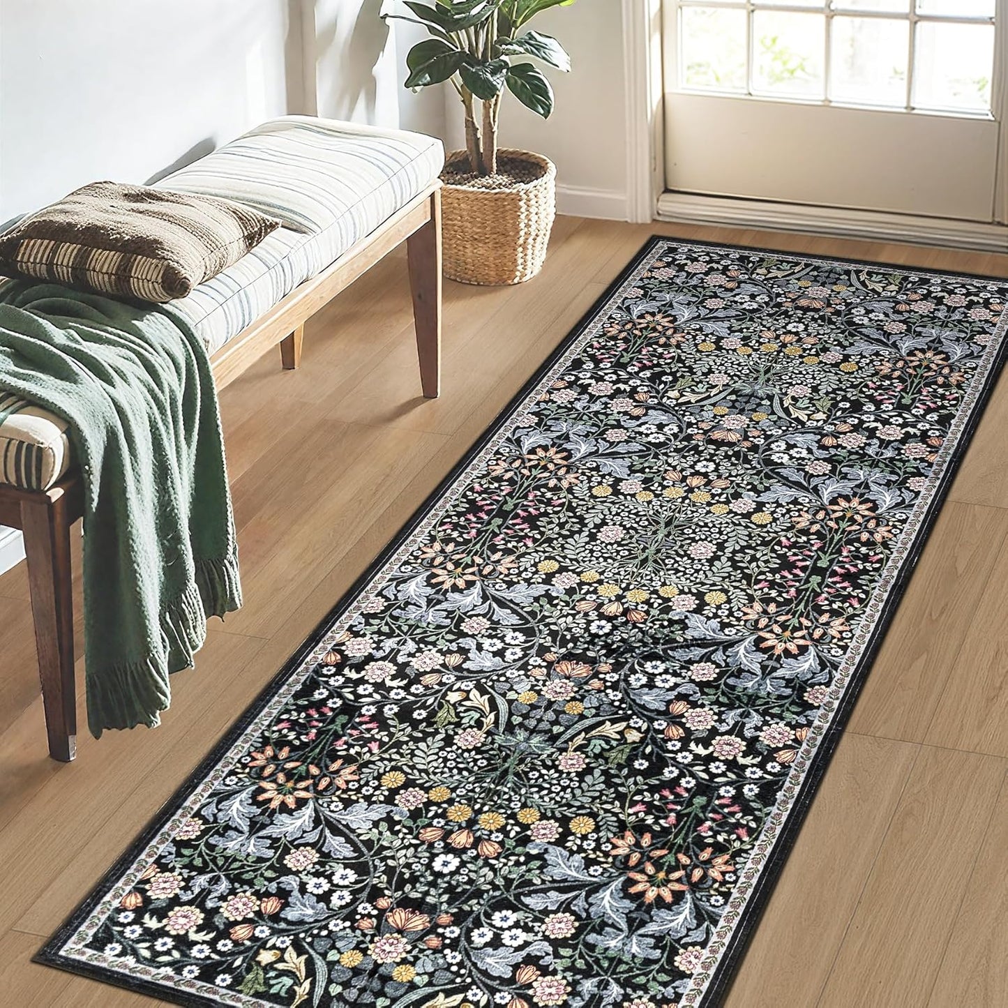Runner Rug for Entryway: 2x10 Kitchen Rugs Non Slip Washable Ultra Soft Floral Carpet Indoor Stain Resistant Carpets for Hallway Bedroom Kitchen Laundry Bathroom Dorm Dark Black