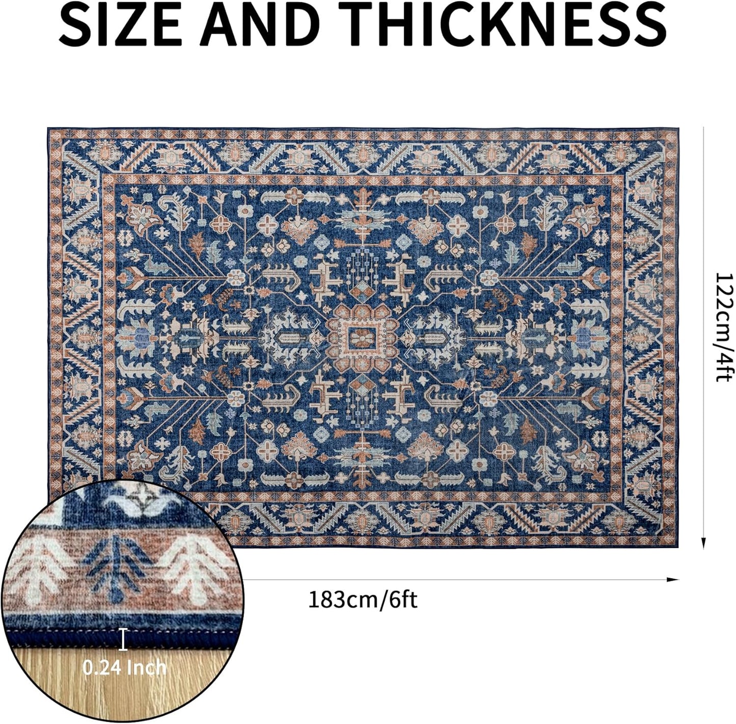 4x6 Area Rug Washable: Oriental Soft Area Rug for Living Room Bedroom No Shedding - Low Pile Thin Carpet Rug for Dining Room Non Slip - Boho Vintage Rug for Home Decor - Navy Blue