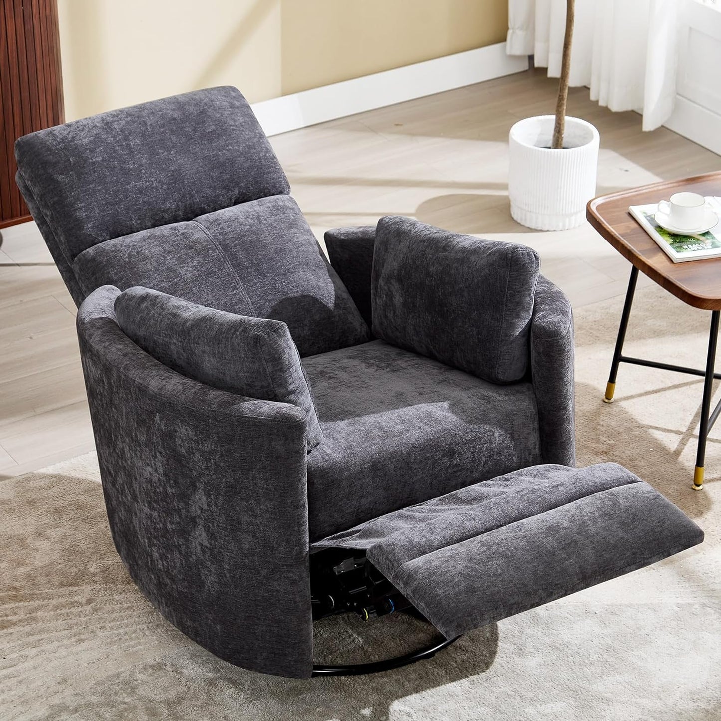 Recliner 360°Swivel Glider Rocking Chair,Upholstered Nursery Multifunction Rocking Chair with High Back, Adult Recliner Chair with 2 Pillows for Living Room Bedroom(DRAKGREY, Manual Operation)