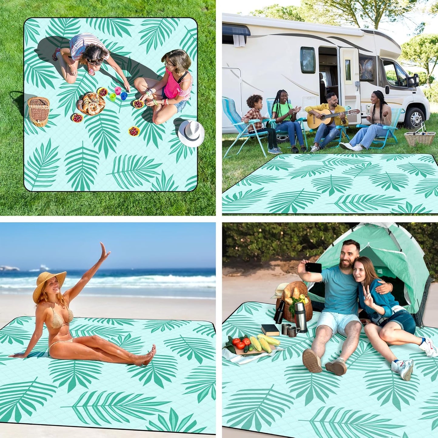 Picnic Blankets Waterproof Sandproof, 79''x79'' Extra Large Foldable & Portable Beach Blanket, 3-Layer Fabric Outdoor Mat for Family Camping, Park, Travel, Grass Lawn, Adults & Kids-Tropical Fern