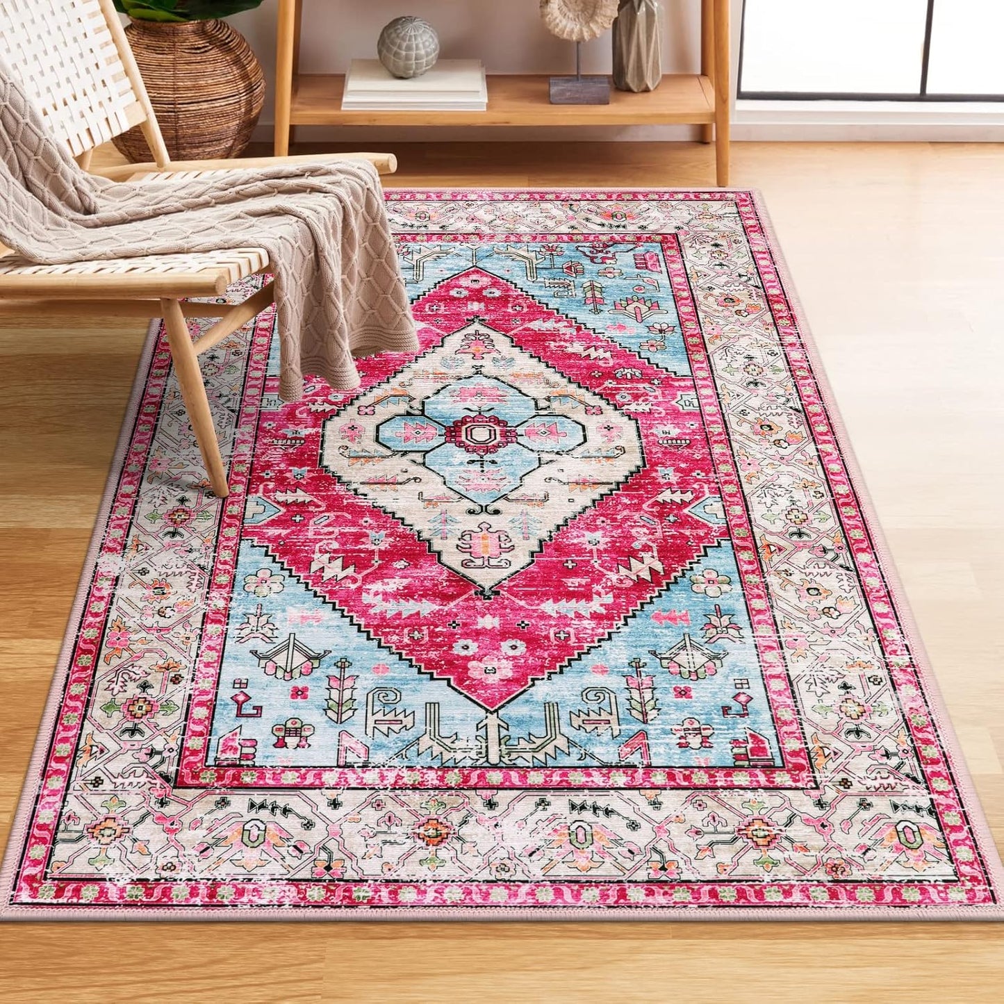 Lahome Boho Round Rug - 6Ft Washable Area Rug, Non-Slip Small Bathroom Rug, Lightweight Bedroom Throw, Oriental Distressed Print Carpet for Entryway, Sofa, Nursery, Kids Room