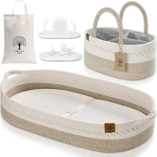 Baby Changing Basket Includes Diaper Caddy - Breathable & Waterproof Dual-Cover, Portable, Changing Pad for Dresser & Changing Table, Gift for Baby Shower, Cotton Rope Basket for Baby