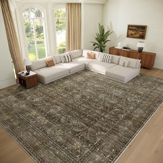 Washable 9x12 Area Rugs for Living Room, Boho Non-Slip Silicone Backing Rugs for Bedroom Dining Room Nursery Office, 0.3" Neutral Oriental Throw Carpet with 0.16" Cushioning Pad, Deep Brown/Multi