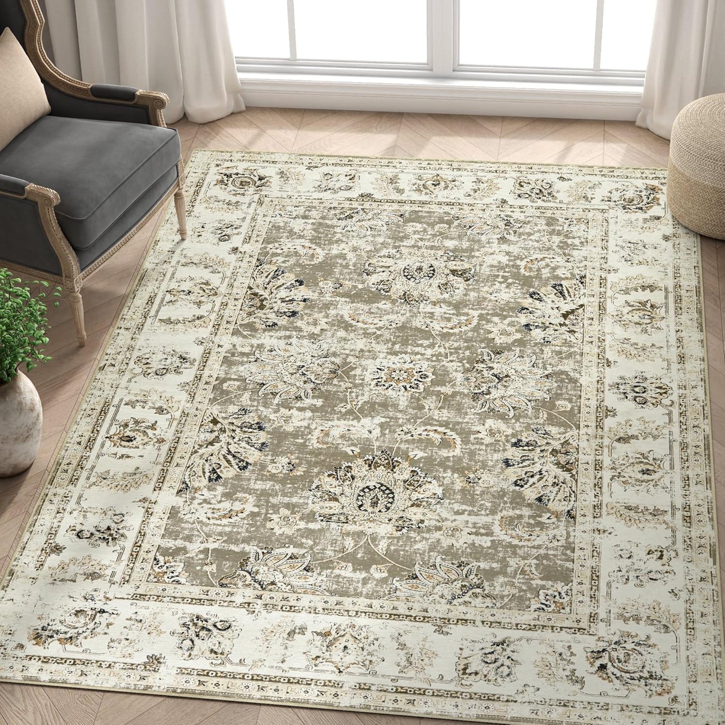 jinchan Washable Area Rug 5x7 Ultra-Thin Low Pile Non Slip Stain Resistant Soft Faux Wool Floral Distressed Vintage Carpet for Bedroom,Living Room,Dining Room,Kitchen,Nursery(Taupe, 5' x 7')