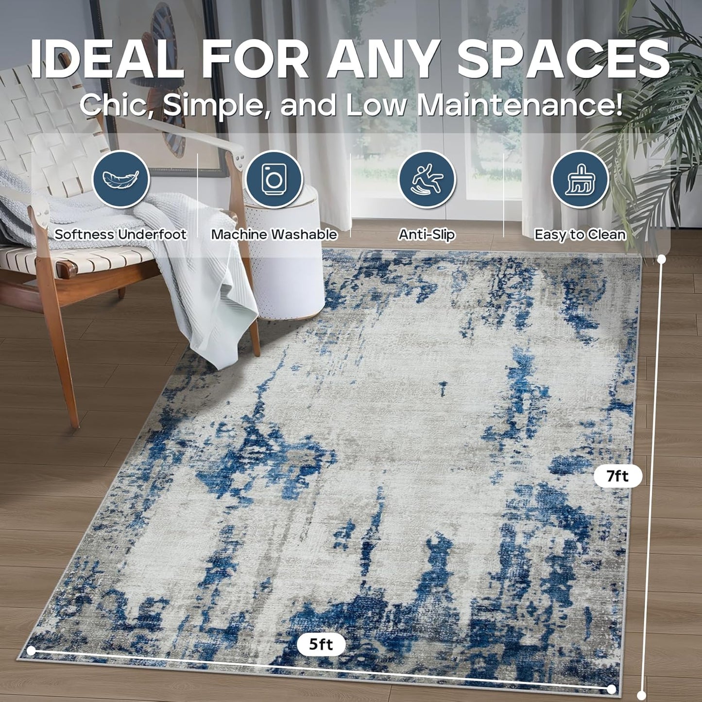 5x7 Area Rugs for Living Room Rug Washable: Modern Rug for Dining Room Bedroom Carpet Non Slip Low Pile 5 by 7 Indoor Abstract Nursery Home Office Blue White
