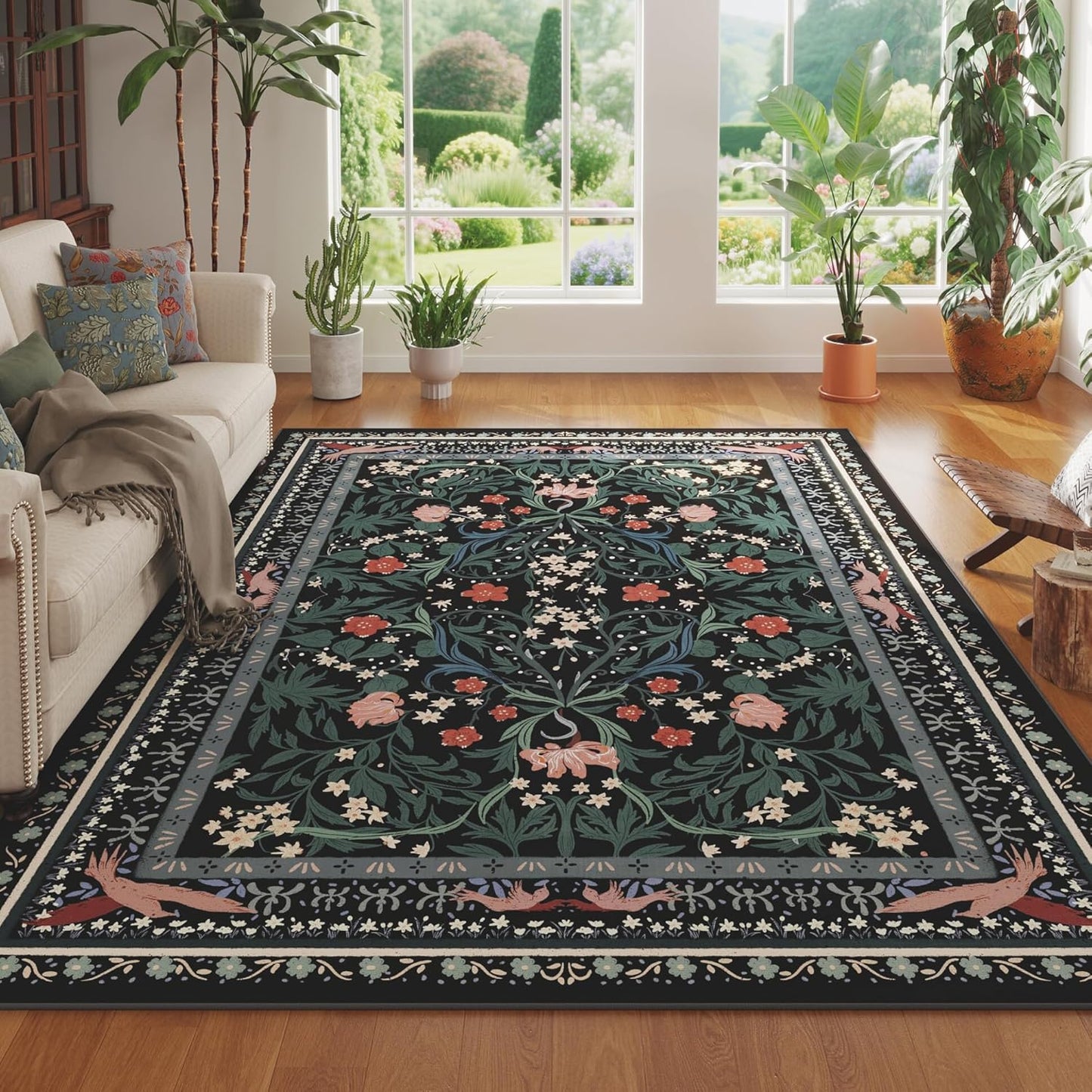Area Rugs 8x10 for Living Room Clearance Washable Vintage Floral Botanical Rug Non Slip Low Pile Large Rug for Bedroom, Farmhouse, Dining Room, Kids Playroom, Black