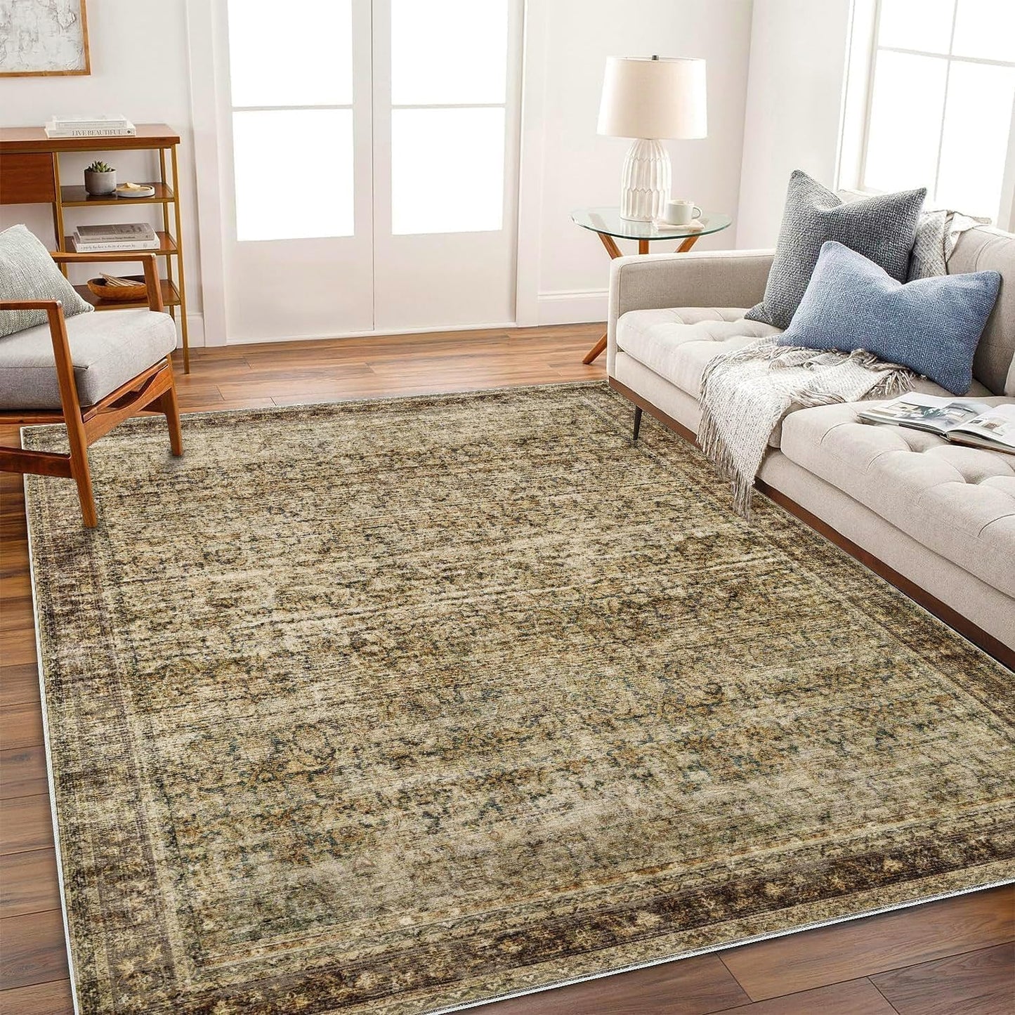 Area Rug 9x12 Washable Brown Vintage Traditional Mat Distressed Indoor Foldable Thin Retro Accent Floral Non Slip Carpet for Living Room Dining Room Office