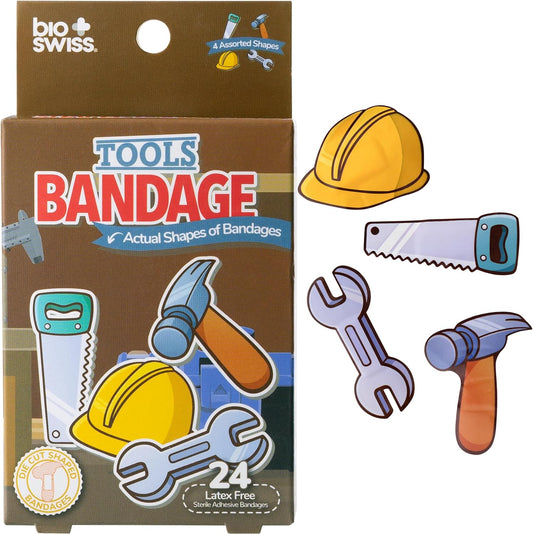 BioSwiss Bandages, Tools Shaped Self Adhesive Bandage, Latex Free Sterile Wound Care, Fun First Aid Kit Supplies for Kids and Adults, 24 Count