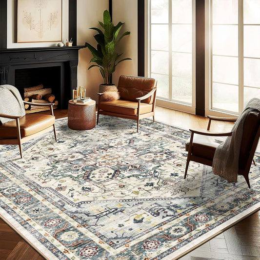 Washable Area Rug 8'x10' Cyan Khaki Retro Boho Design Non-Shedding Non-Slip Easy Care Ideal for High Traffic Areas in Living Room Bedroom Office Coffee Table Kitchen Large Carpet