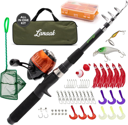 Kids Fishing Pole, Kids Portable Telescopic Fishing Rod Set, Tackle Box and Fishing Net Combo Kit, Kids Fishing Gear for Boys and Girls Age 5-10 and Youth