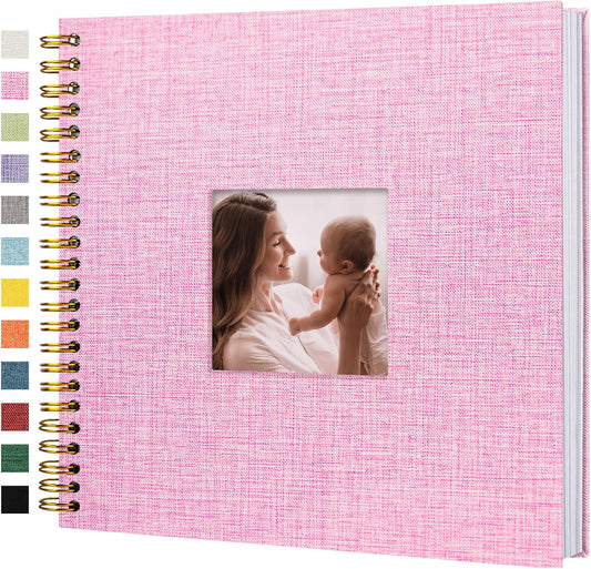 Scrapbook Photo Album Linen Cover, 12 x 12 Inch Hardcover Kraft White Pages Memory Book, for Travel Wedding Guest Book Christmas Baby Shower (40 Sheets/ 80 Pages,Pink)