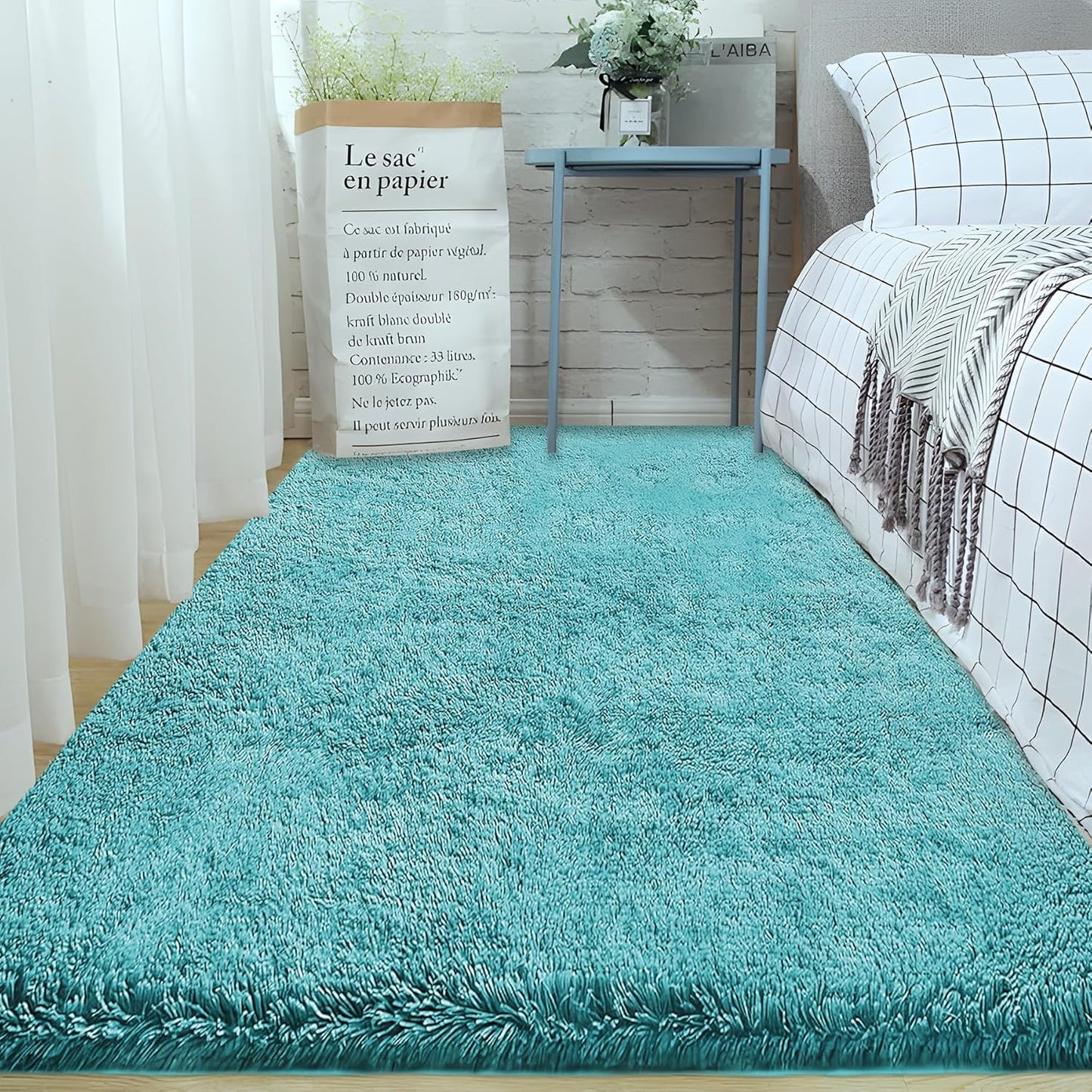 2x6 Runner Rug for Bedroom: Fluffy Shag Soft Washable Rugs Small Fuzzy Plush Indoor Carpet for Hallway Bedside Dorm Kids Girls Boys Room (Teal Blue, 2'x6')