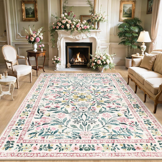 Area Rugs 9x12 Living Room: Floral Washable Rug Vintage Large Soft Boho Non-Slip Carpet Indoor Stain Resistant Low Pile Carpets for Bedroom Dining Room Farmhouse Nursery Hallway Home Office Pink Green