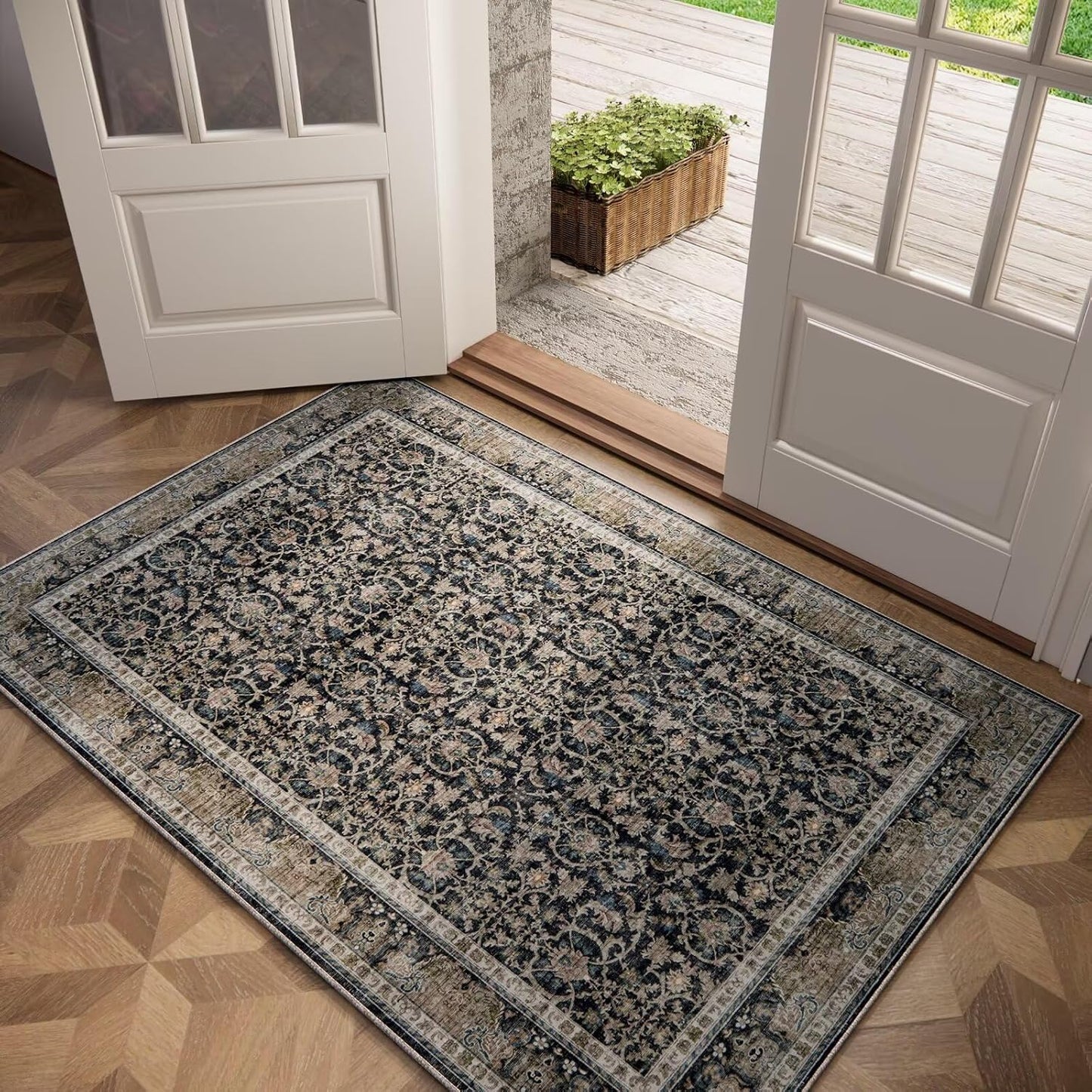 Washable 3x5 Entryway Rug Indoor, Boho Non-Slip Silicone Backing Small Rugs for Kitchen Nursery Office Bedroom, 0.3" Neutral Oriental Throw Carpet with 0.16" Cushioning Pad, Black/Multi