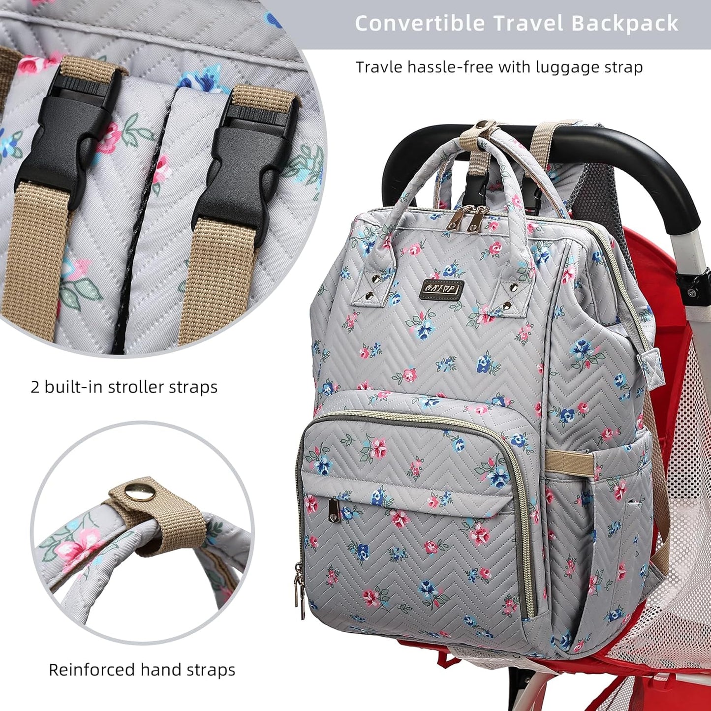 Diaper Bag Backpack for Women, Baby Bags for Girls,Diaper Bag with Changing Pad, and Insulated Pockets-Grey Flowers
