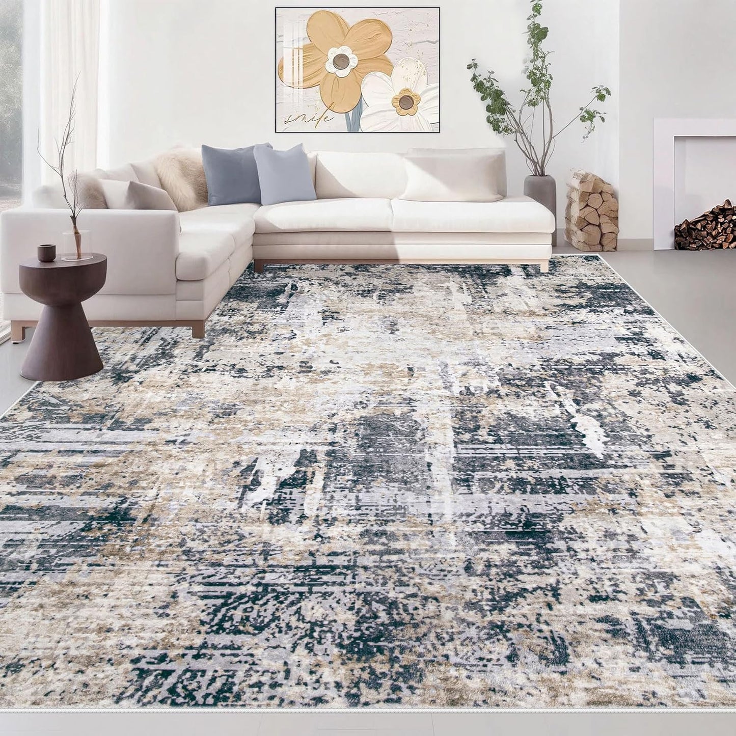 Area Rugs 8x10 Living Room: Washable Rug Modern Abstract Large Rugs Soft Non Slip Neutral Rug Stain Resistant Indoor Carpet for Bedroom Kitchen Dining Room Home Office Rugs(Black Brown,8'x10')