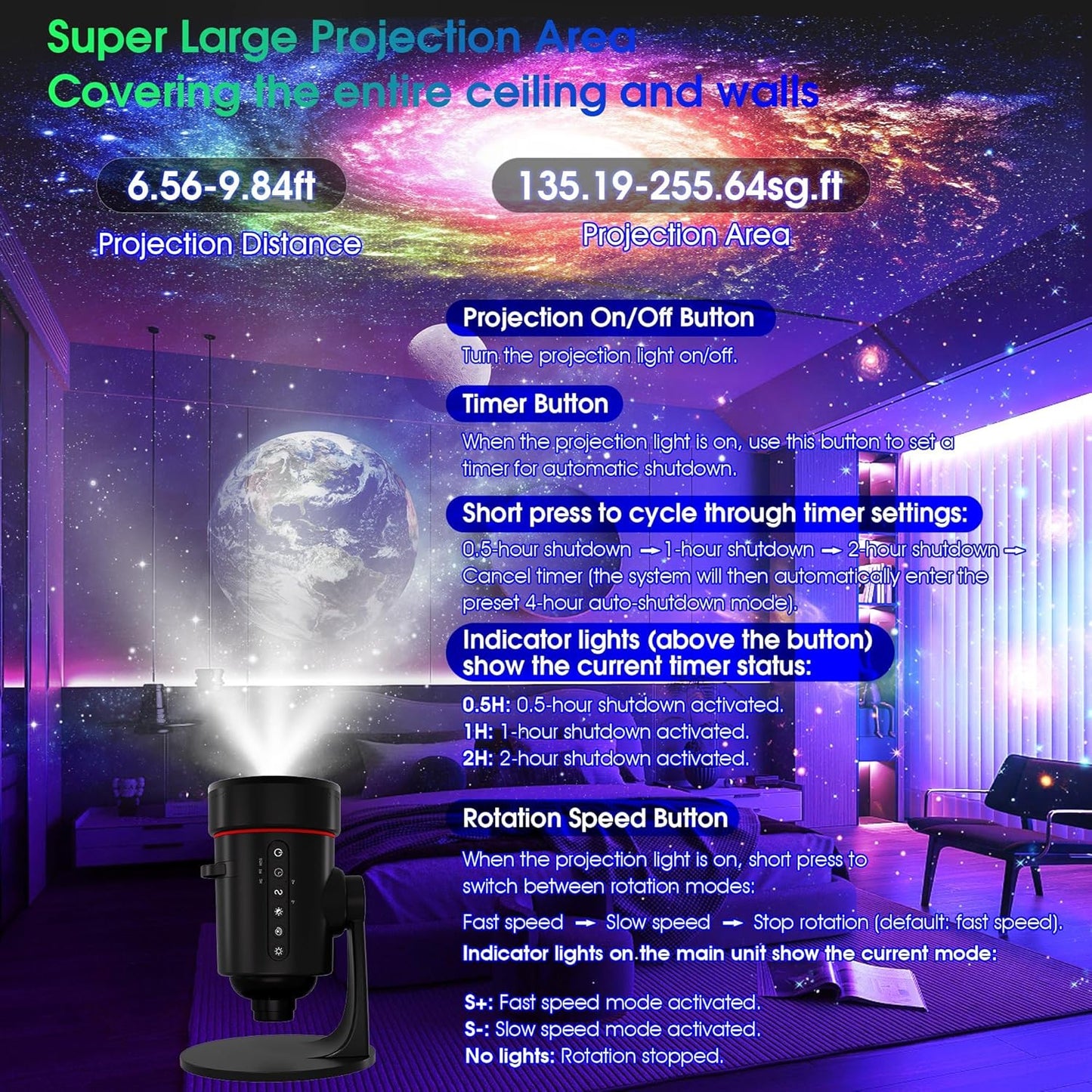 Galaxy Projector，Upgraded 4K HD Star Projector Lens, 10 Realistic Nebula Scenarios Room Lights，Timer Off Controls&8-Color Night Light，Super Wide Ceiling Coverage for Bedrooms Home Theaters Kids Rooms