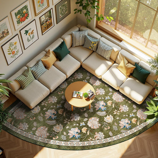 jinchan Floral Corner Rug for Living Room Washable Bedroom Rug Vintage Romance Design Non Slip Quarter Circle Lightweight Low-Pile Throw Carpet for Reading Nook Playroom,8ft Radius, Green