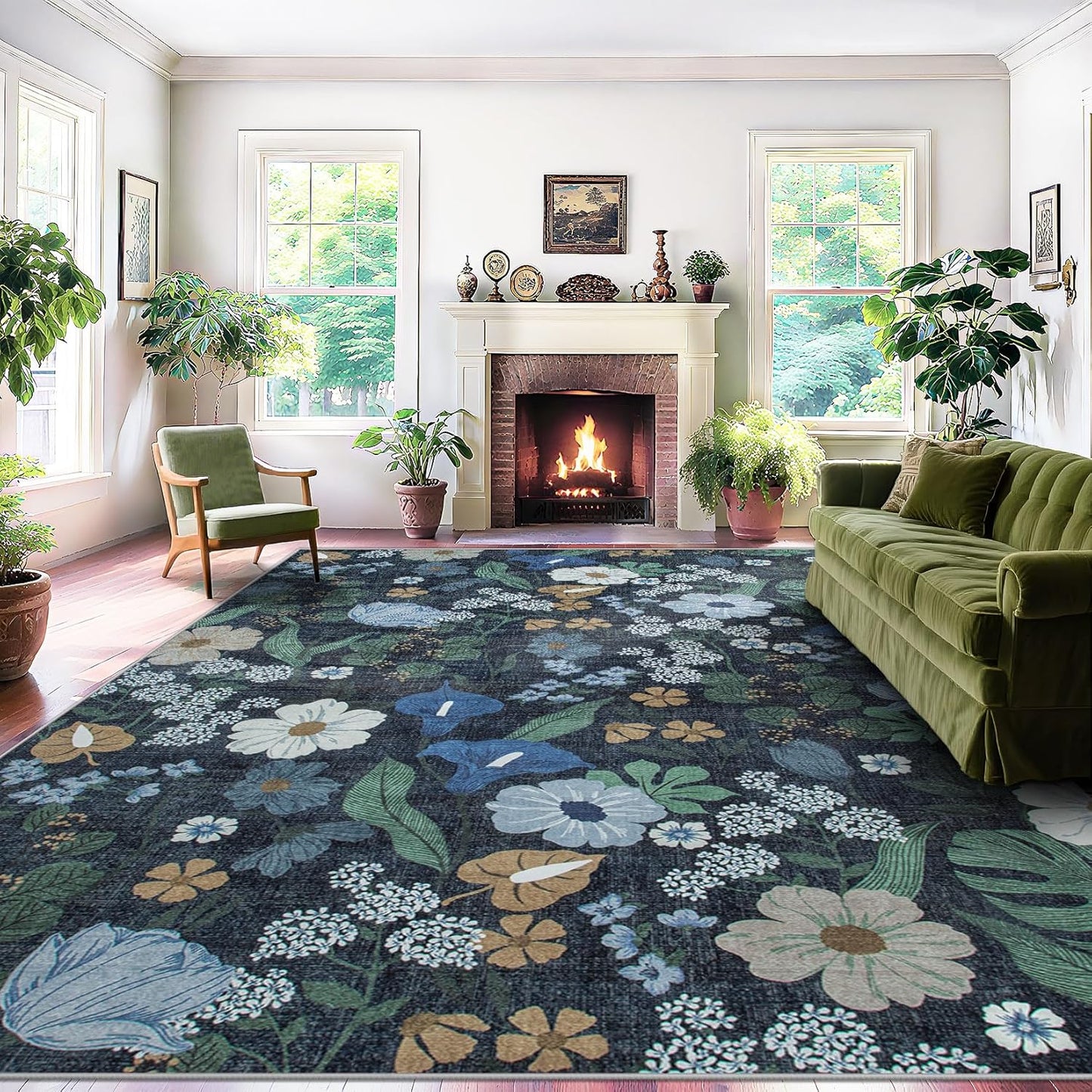 8x10 Area Rug for Living Room: Vintage Floral Washable Rug Soft Boho Non Slip Carpet Large Indoor Floor Non Shedding Low Pile Thin Carpets for Bedroom Dining Room Farmhouse Nursery Home Office Blue