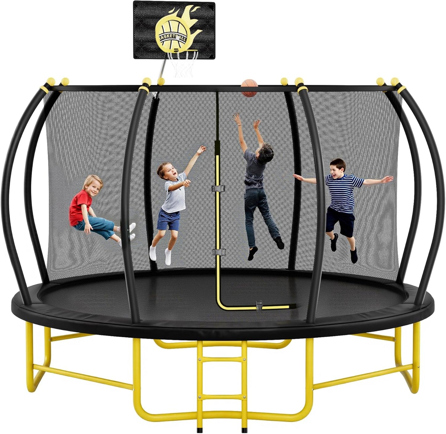10FT 12FT 14FT 16FT Pumpkin Trampoline for Kids Adults, ASTM Approved Outdoor Recreational Trampoline with Basketball Hoop, Enclosure Net, Yellow