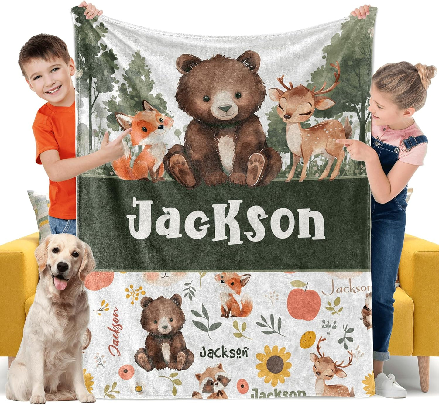 Woodland Animals Personalized Boy Baby Blanket, Custom Baby Throw Blanket with Name for Newborn Son Daughter Grandson Granddaughter Toddler Birthday Bed Blanket