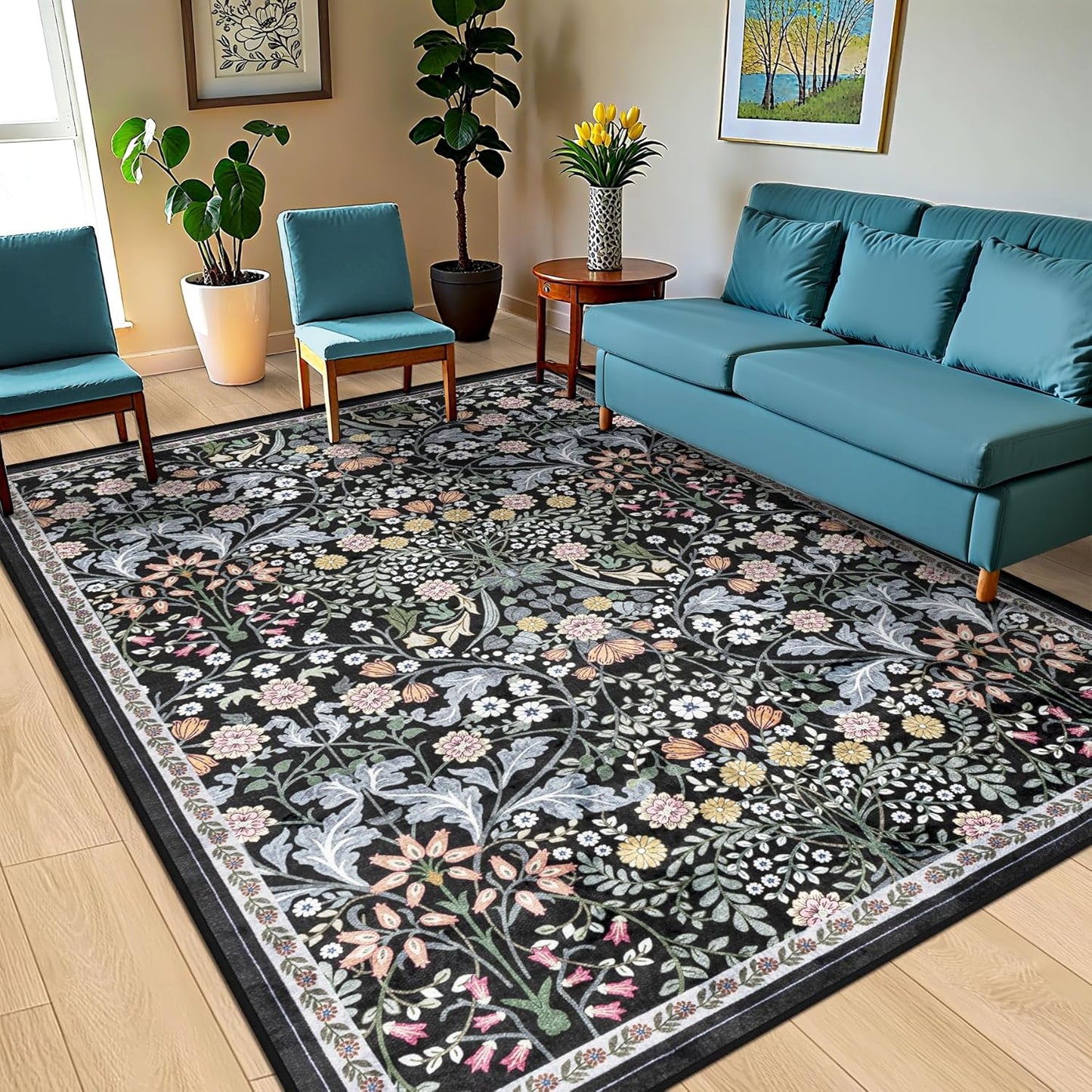 8x10 Area Rugs for Living Room: Floral Washable Rug Vintage Large Soft Boho Non-Slip Carpet Indoor Stain Resistant Low Pile Carpets for Bedroom Dining Room Farmhouse Nursery Home Office Dark Black