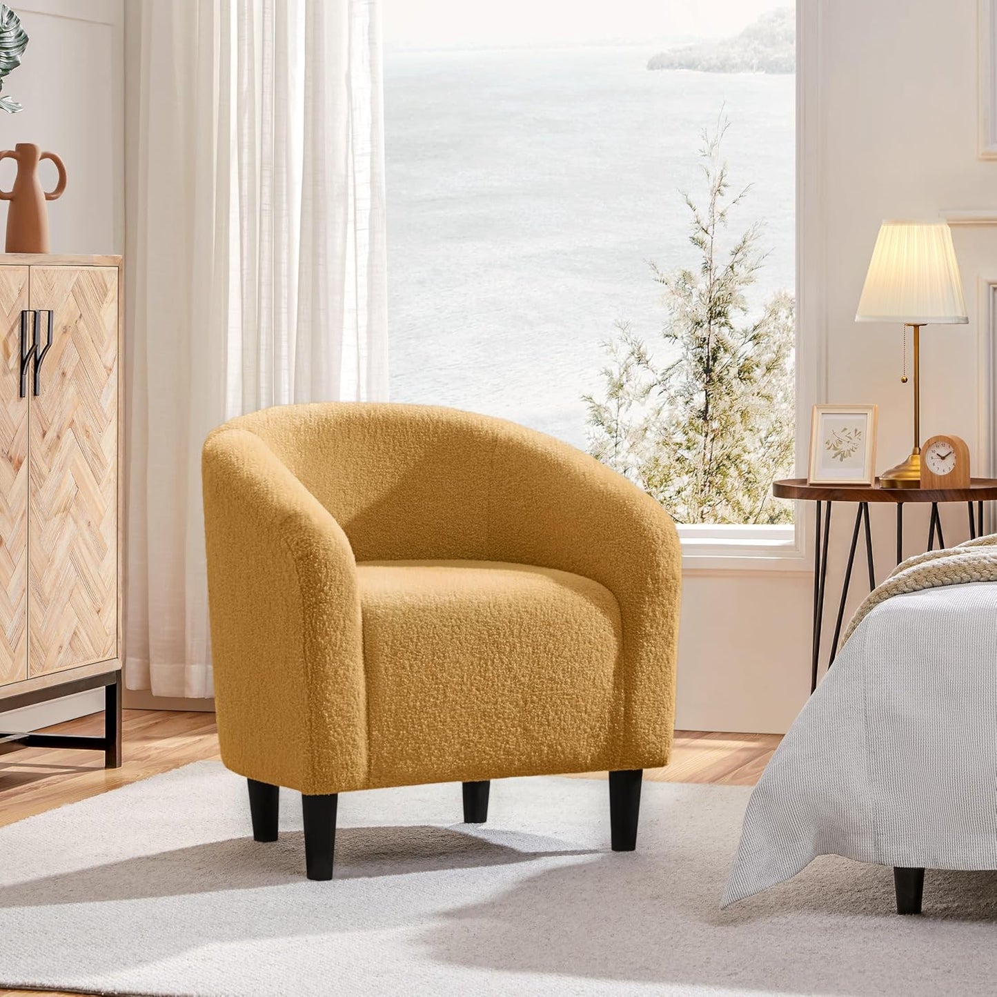 Yaheetech Accent Barrel Chair, Boucle Fabric Club Chair, Furry Sherpa Elegant and Cozy, Soft Padded Armchair for Living Room Bedroom Reception Room Office, Mustard Yellow