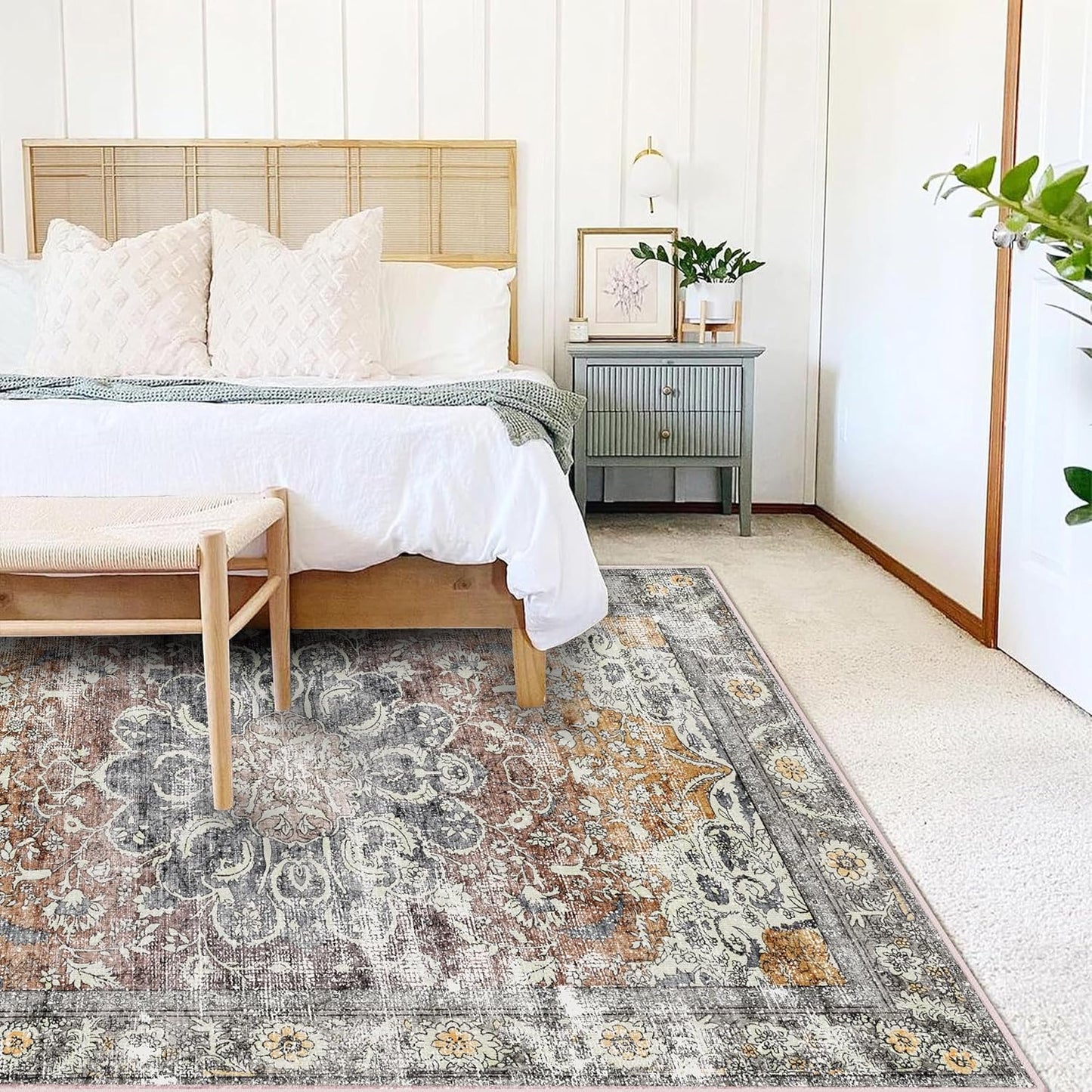 Area Rug 4x6 Washable Rug Taupe Vintage Traditional Floor Cover Foldable Thin Retro Accent Indoor Distressed Non Slip Carpet Floral Print Mat Bedroom Living Room Bathroom