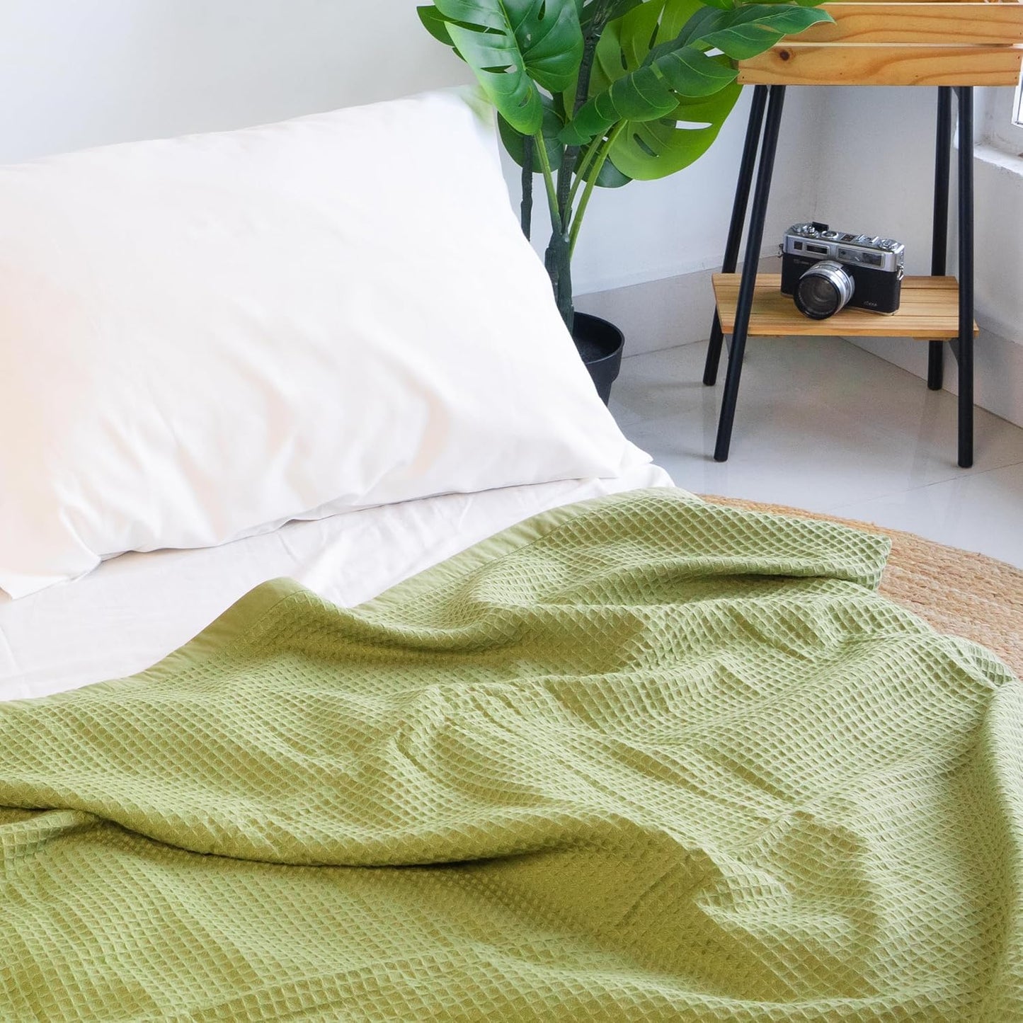 Salt Earth GOTS Certified 100% Organic Cotton Throw Blanket, 108"X90" Blankets & Throws for Bed, Throw Blanket for Couch,Modern & Cozy Blanket, All Seasons, Waffle Blanket, Soft Blanket (Mosstone)