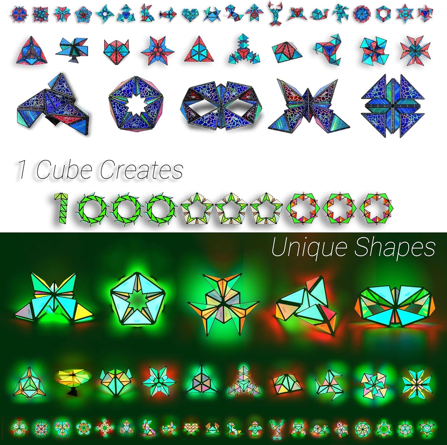 TOSY Magnet Pyramid - 1 Cube Transforms into 1 Billion Shapes, 12 Pieces, 243 Rare Earth Magnets, Glowing, Holographic Magnet Tiles Creative Puzzle STEM/STEAM Toy, Mixed Set