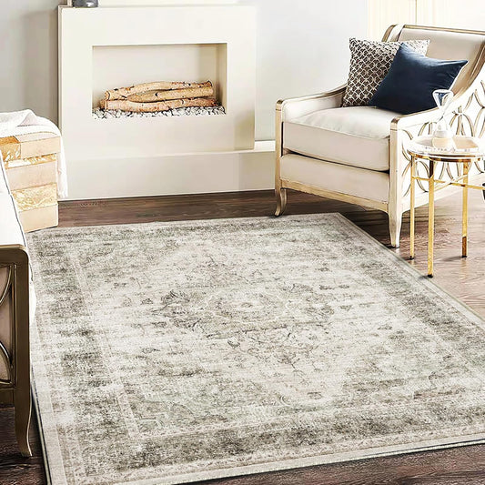 Area Rug 5'x7' Washable Rug Floral Khaki Traditional Floor Cover Thin Retro Kitchen Indoor Distressed Non Slip Carpet for Living Room Bedroom Dining Room