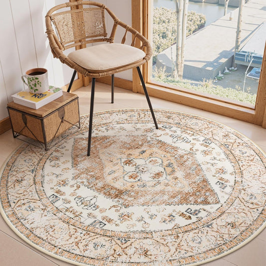 Lahome Boho Circle Rug - 6Ft Washable Round Area Rugs for Living Room Non-Slip Throw Dining Room Rug Large Round Carpet, Oriental Distressed Print Circular Mat for Office Classroom Bedroom Sofa