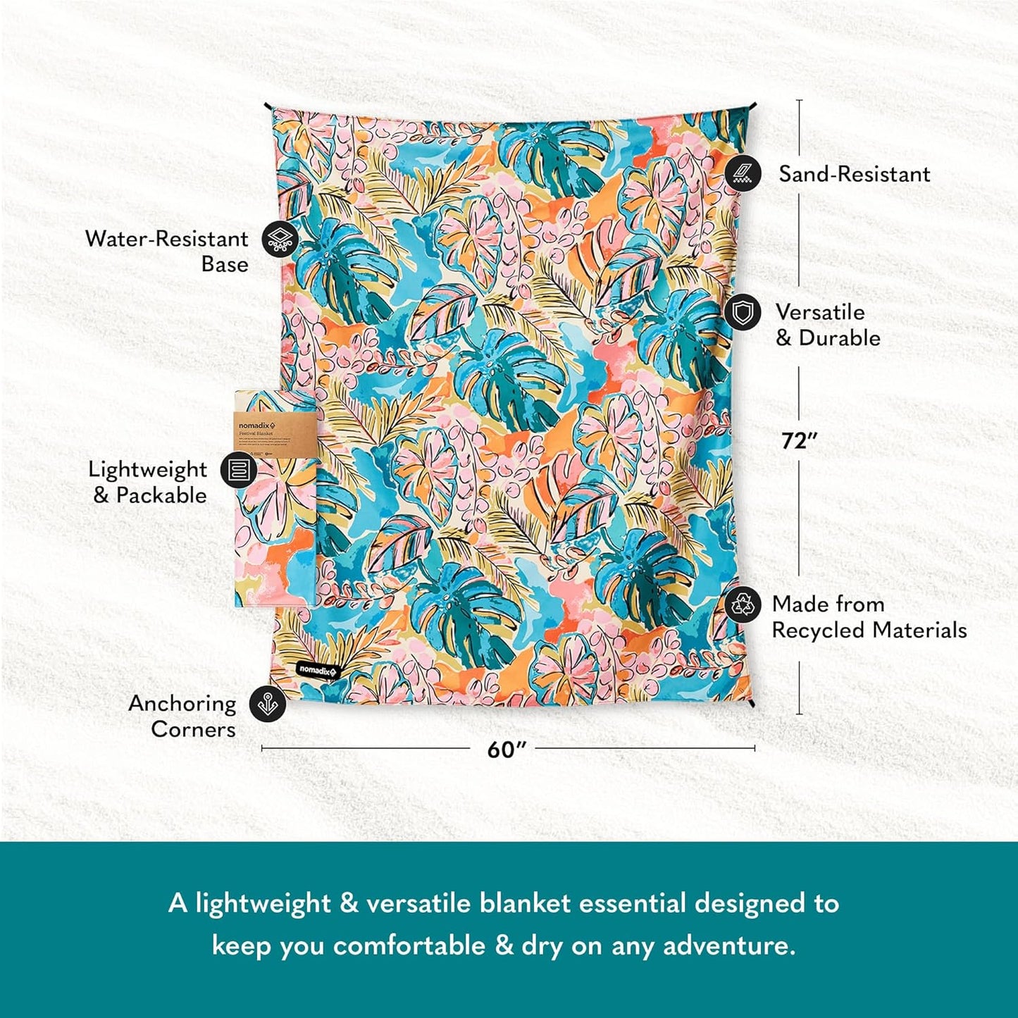 Nomadix Festival Blanket - Perfect for Picnics, Camping, & Lawn Seating - Plush Top & Water Resistant Base - Made with Post Consumer Recycled Materials - Jungle - 60x70