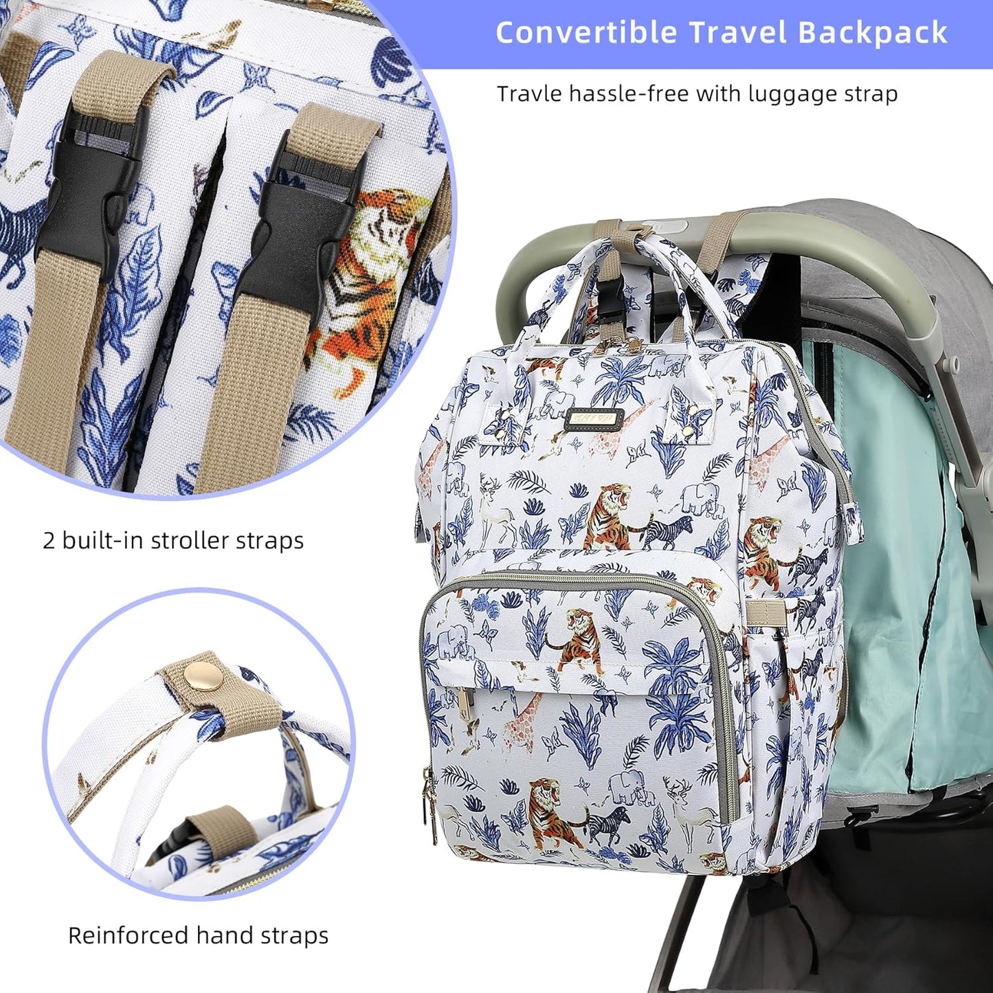 Diaper Bag Backpack, Diaper Bags for Baby Girls Boys, Baby Bags for Moms Dads, Nappy Changing Bag with Insulated Pockets,Multi-functional Waterproof Backpack with Stroller straps-Animal World White