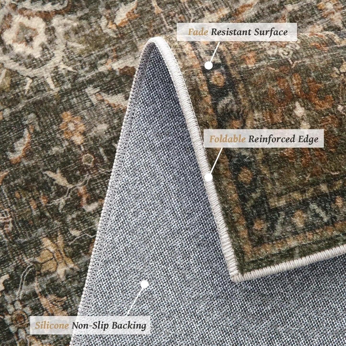 Washable 5x7 Area Rugs for Living Room, Boho Non-Slip Silicone Backing Rugs for Bedroom Dining Room Nursery Office, 0.3" Neutral Oriental Throw Carpet with 0.16" Cushioning Pad, Deep Brown/Multi