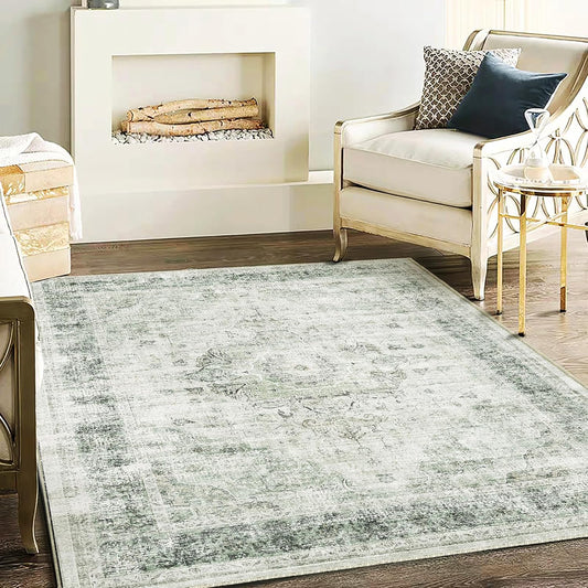 Washable Area Rug 4'x6' Floral Green Vintage Traditional Floor Cover Foldable Thin Rugs Retro Kitchen Indoor Distressed Non Slip Carpet Floral Print Mat Bedroom Living Room