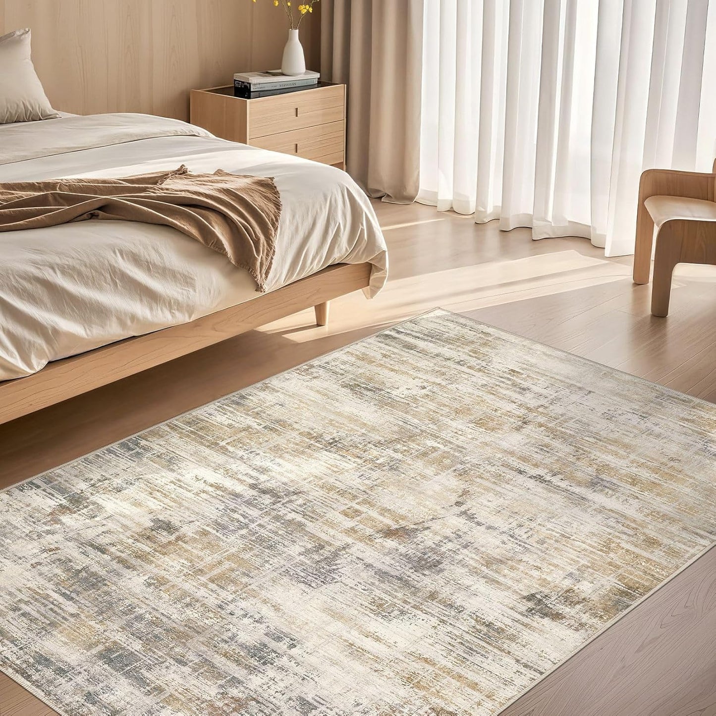 Area Rug for Living Room: 4x6 Washable Neutral Abstract Modern Soft Rugs Non Slip Indoor Floor Stain Resistant Carpet for Bedroom Dining Room Office Nursery - Golden Brown