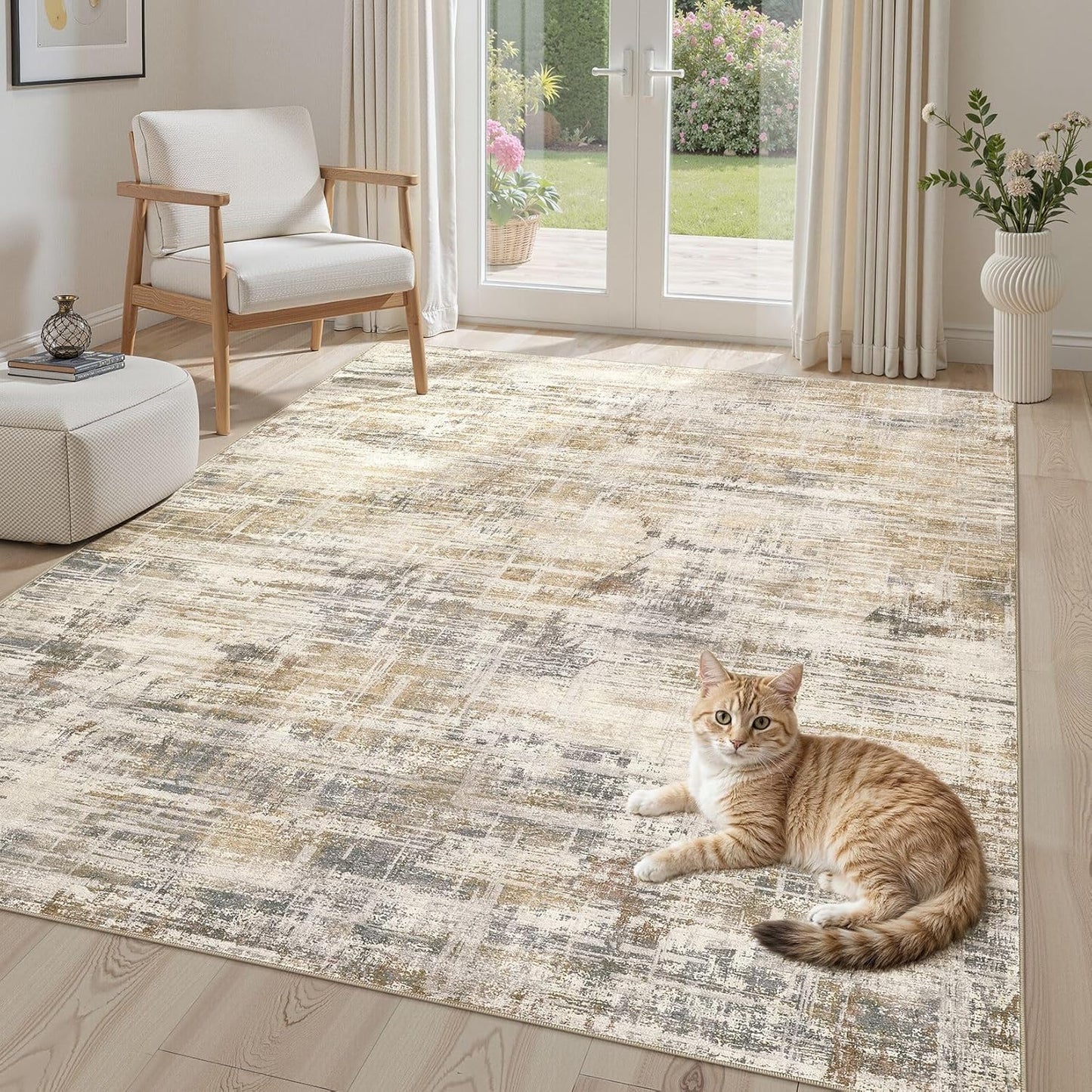 Area Rug for Living Room: 4x6 Washable Neutral Abstract Modern Soft Rugs Non Slip Indoor Floor Stain Resistant Carpet for Bedroom Dining Room Office Nursery - Golden Brown