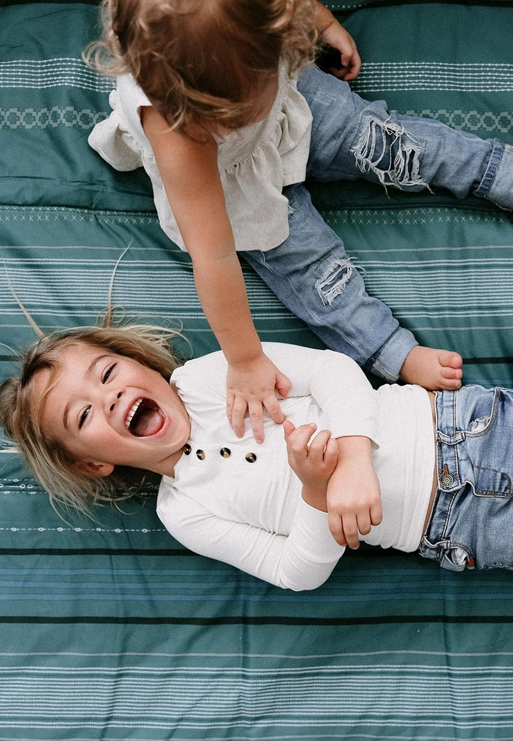 Little Unicorn 5'x10' XL Outdoor Family Picnic & Beach Blanket | Durable & Water-Resistant Fabric | Compact Fold & Easily Wipes Clean | Zipper Pocket (Shoreline Stripe)