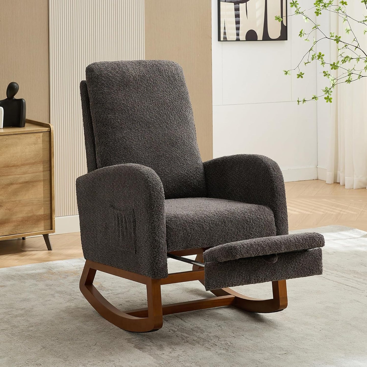 Nursery Rocking Chair with Foot Rest, Upholstered Glider Chair with Two Side Pockets, High Back Nursing Chair, Rocker Accent Armchair for Bedroom Living Room (Charcoal)