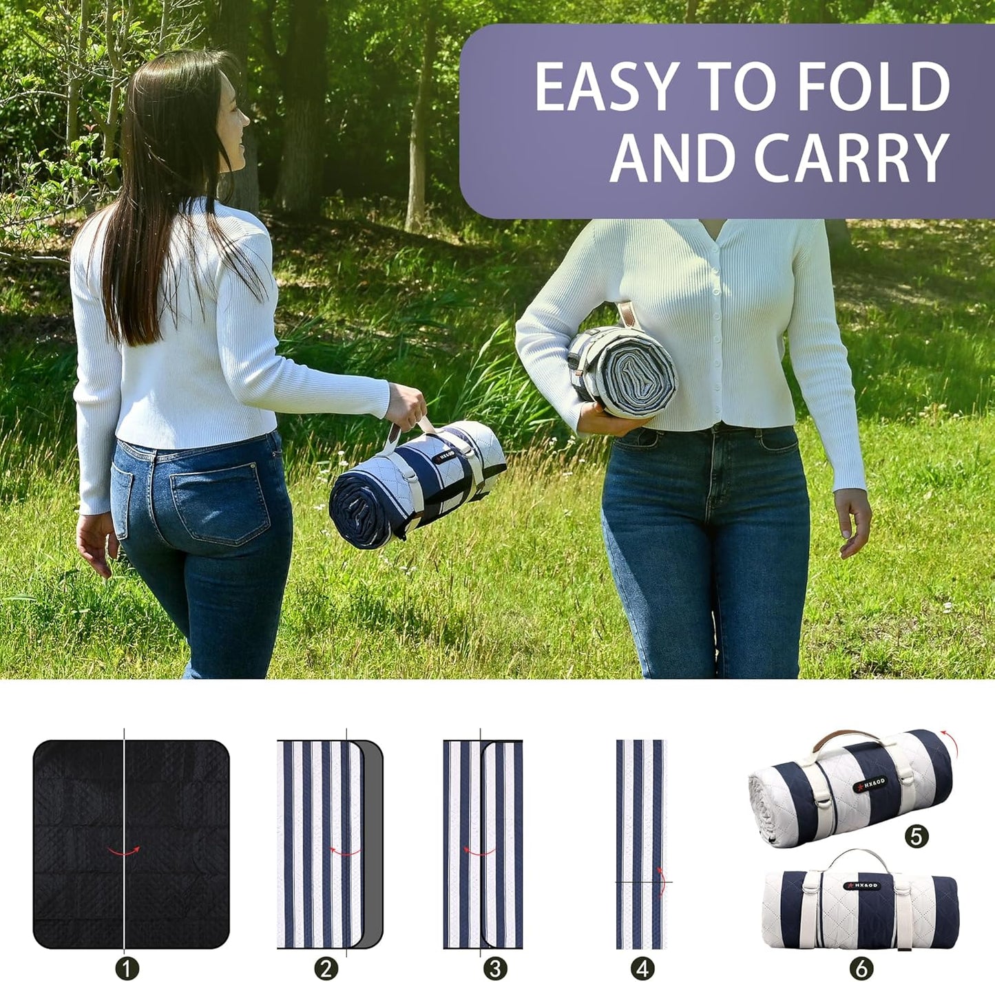 HX&OD Outdoor Picnic Blanket Extra Large, 80''*80'' Waterproof Picnic Mat with Stakes Foldable Camping Blanket Portable with Carry Strap for Beach Mat (Blue& White, 80''*80'')