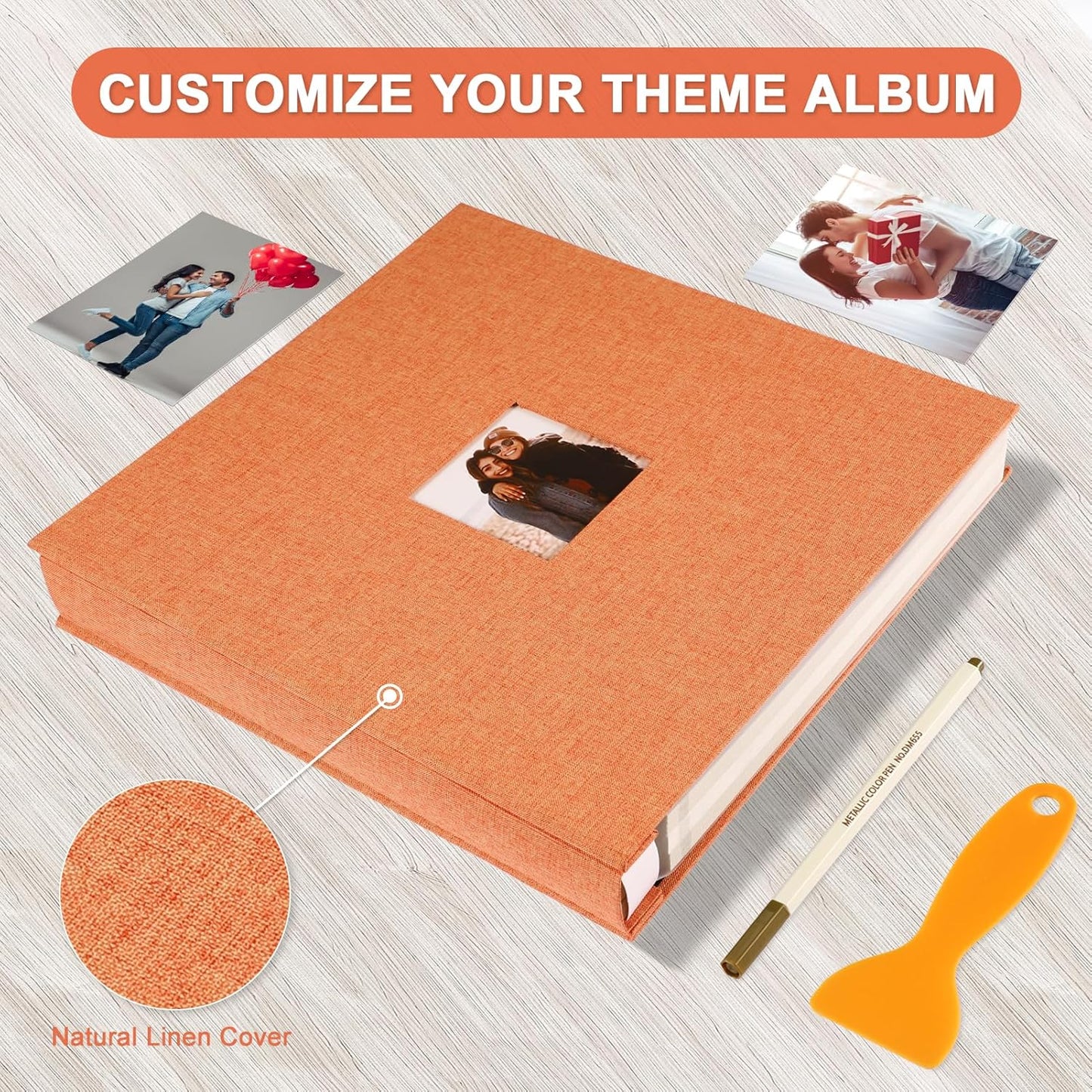 Photo Album Self Adhesive Pages Scrapbook Magnetic Photo Albums for 4x6 5x7 8x10 Pictures Sticky Pages Books for Baby Family Wedding 13.2x12.8 Orange 120 Pages