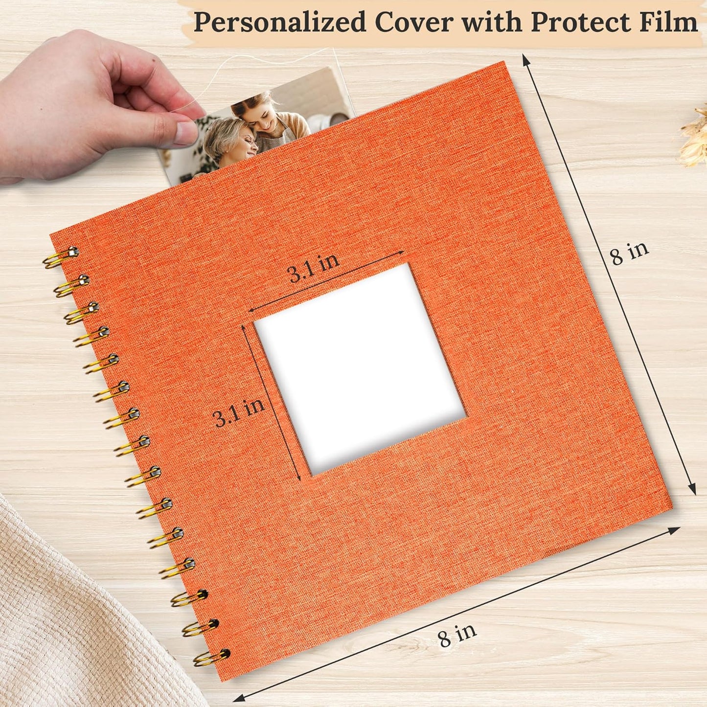 Scrapbook Photo Album Linen Cover, 8 x 8 Inch Hardcover Kraft White Pages Memory Book, for Travel Wedding Guest Book Christmas Baby Shower (20 Sheets/ 40 Pages,Orange)