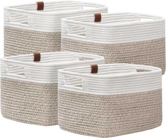 UBBCARE 4 Pack Baskets for Organizing, Woven Storage Baskets with Label for Toys and Towel, Rectangle Cotton Rope Basket with Handles, 15''L x10''W x9''H, White&Brown